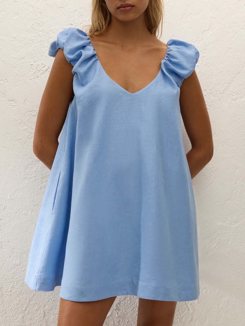 Faithfull the Brand Nina linen mini dress light blue sleeveless v neck US 2 XS